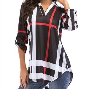 Roll-Up 3/4 Sleeve Plaid Shirt Tunic